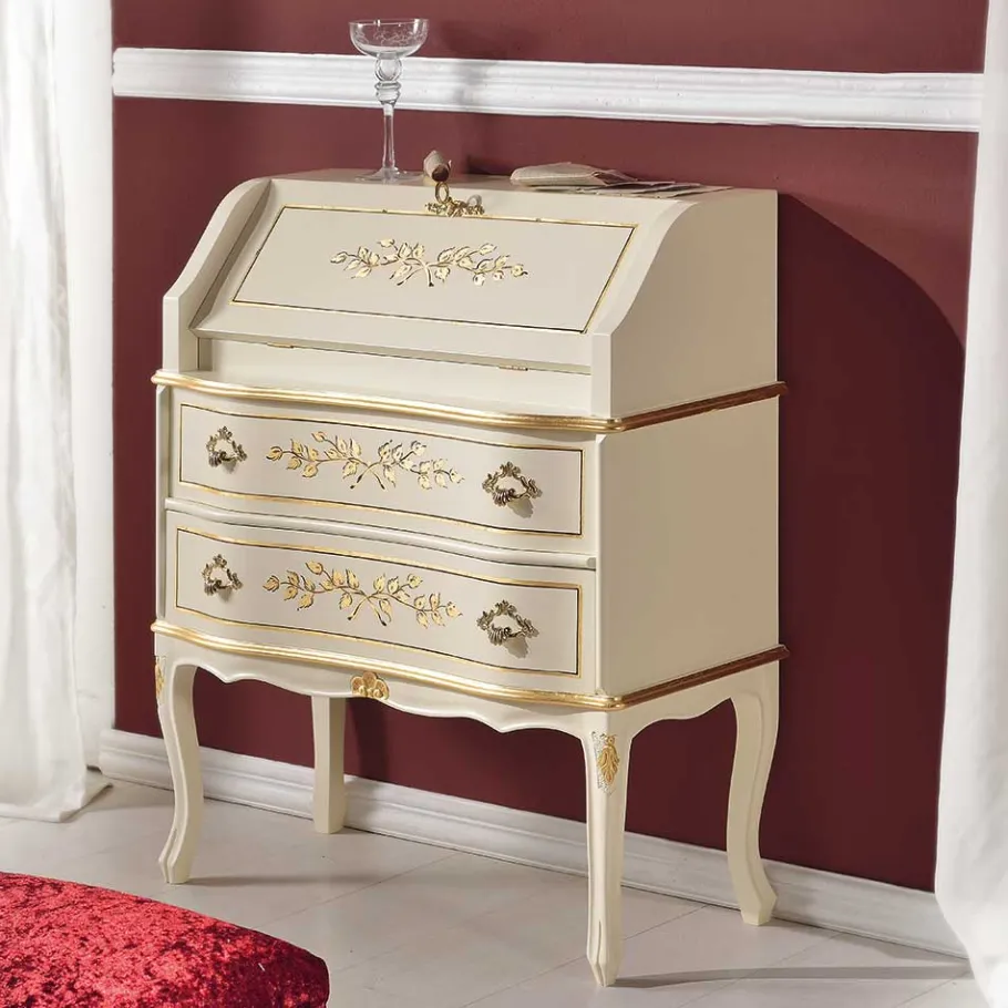 New Wohnen 75x88x35 Barock Sekretär in Weiß & Gold - Iviada
