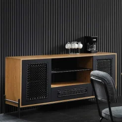 Discount Wohnen 164x76x43 Design Sideboard mit Kunstrattan Geflecht - Zavias