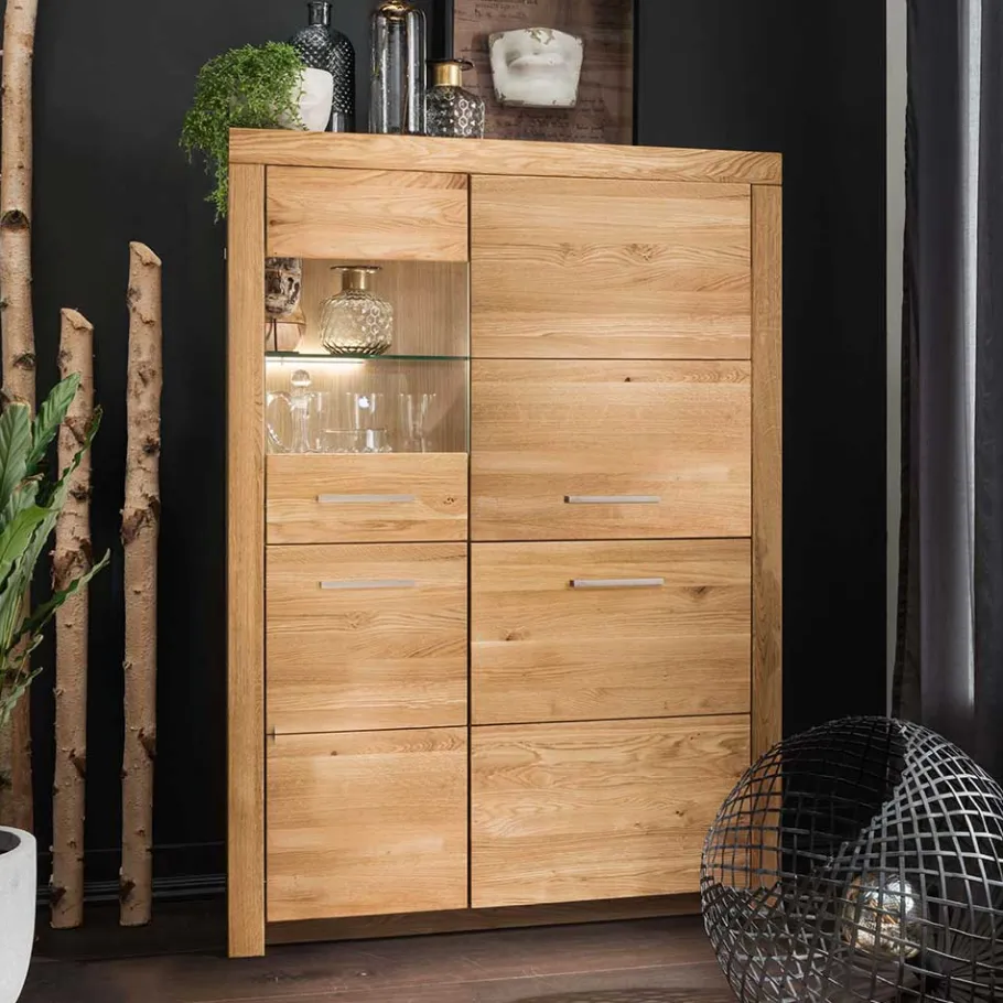 Discount Wohnen 102x141x40 Highboard aus Wildeiche mit Glaseinsatz - Loitons