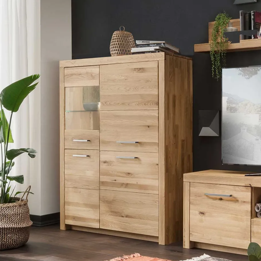 Discount Wohnen 102x141x40 Highboard aus Wildeiche mit Glaseinsatz - Loitons