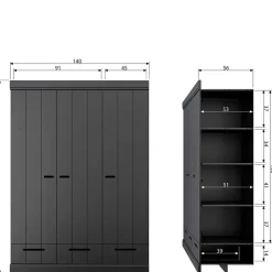 Discount Wohnen 140x195x53 Kleiderschrank 3-türig & 3 Schubladen - Vindrus