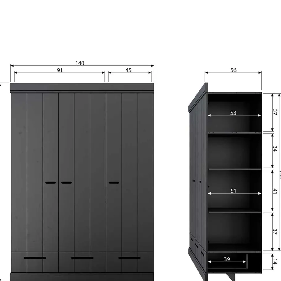 Discount Wohnen 140x195x53 Kleiderschrank 3-türig & 3 Schubladen - Vindrus