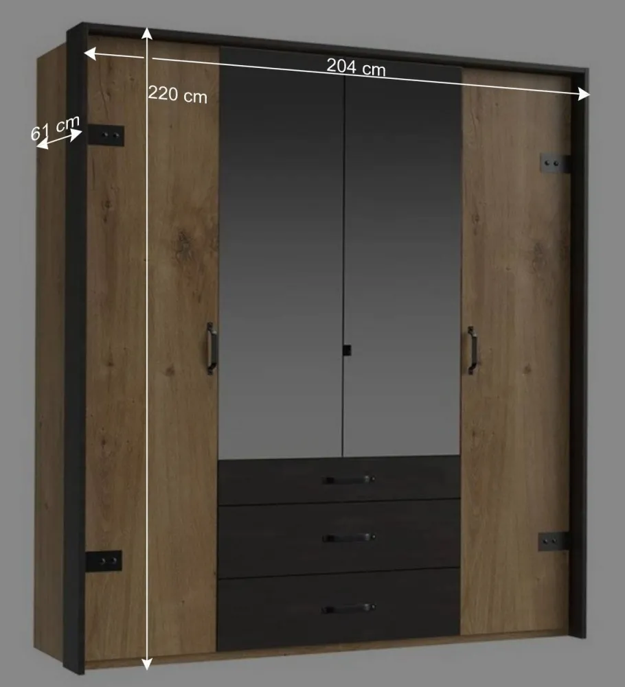 New Wohnen 200x216x58 Kombi-Kleiderschrank mit Spiegeln - Bram