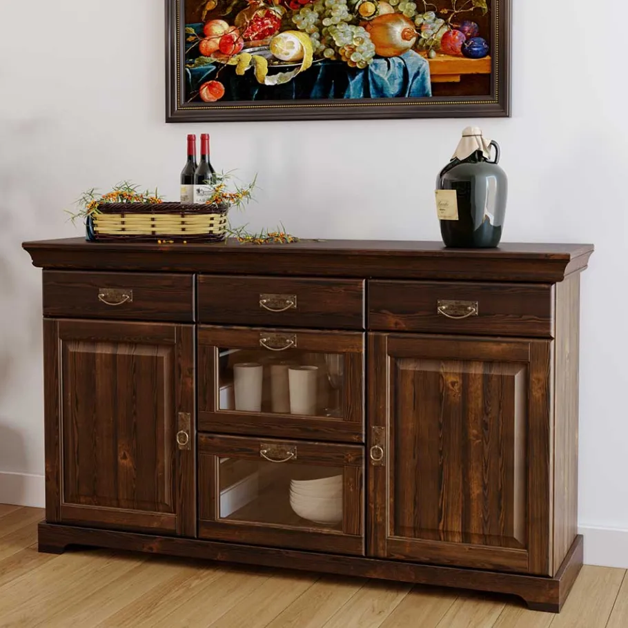 Discount Wohnen 145x84x40 Kommode mit Glas im Kolonialstil - Jurcavs