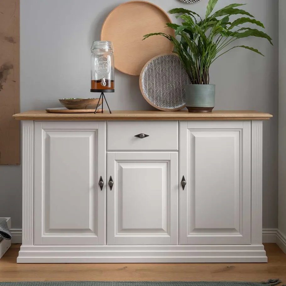 Clearance Wohnen 157x91x45 Landhaus Kommode in Weiß & Eiche - Henry