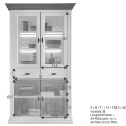 Hot Wohnen 116x199x45 Landhaus Vitrinenschrank in Weiß - Henry
