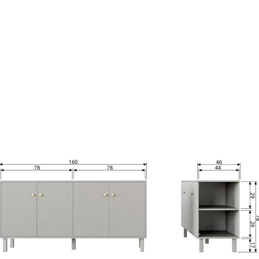 New Wohnen 160x78x46 Skandi Sideboard 4-türig in Grau - Huvina