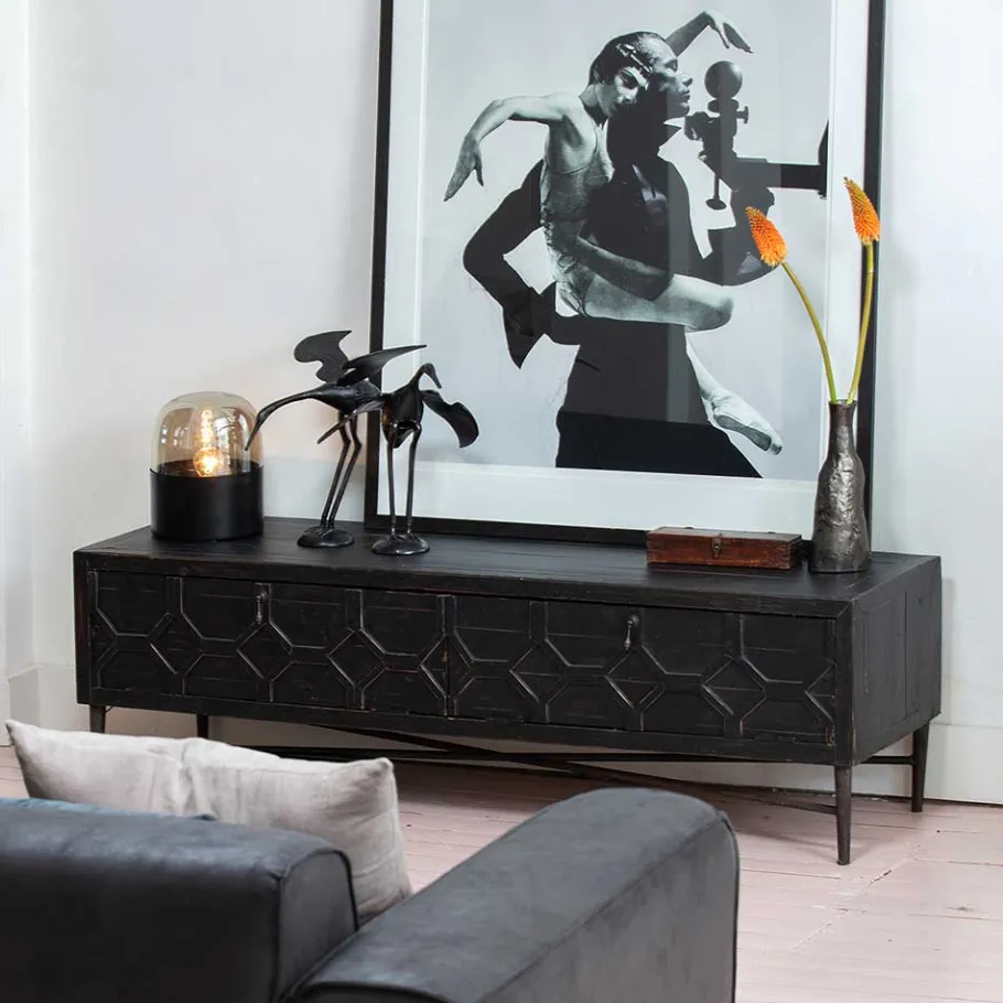 Outlet Wohnen 160x50x45 Vintage Design Lowboard in Schwarz - Illestra