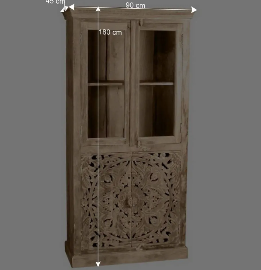 Discount Wohnen 90x180x45 Vintage Holzvitrine mit Schnitzerei - Runiasa
