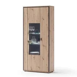 Wohnen 93x210x38 Vitrinenschrank in Eiche Holzdekor - Nikdus